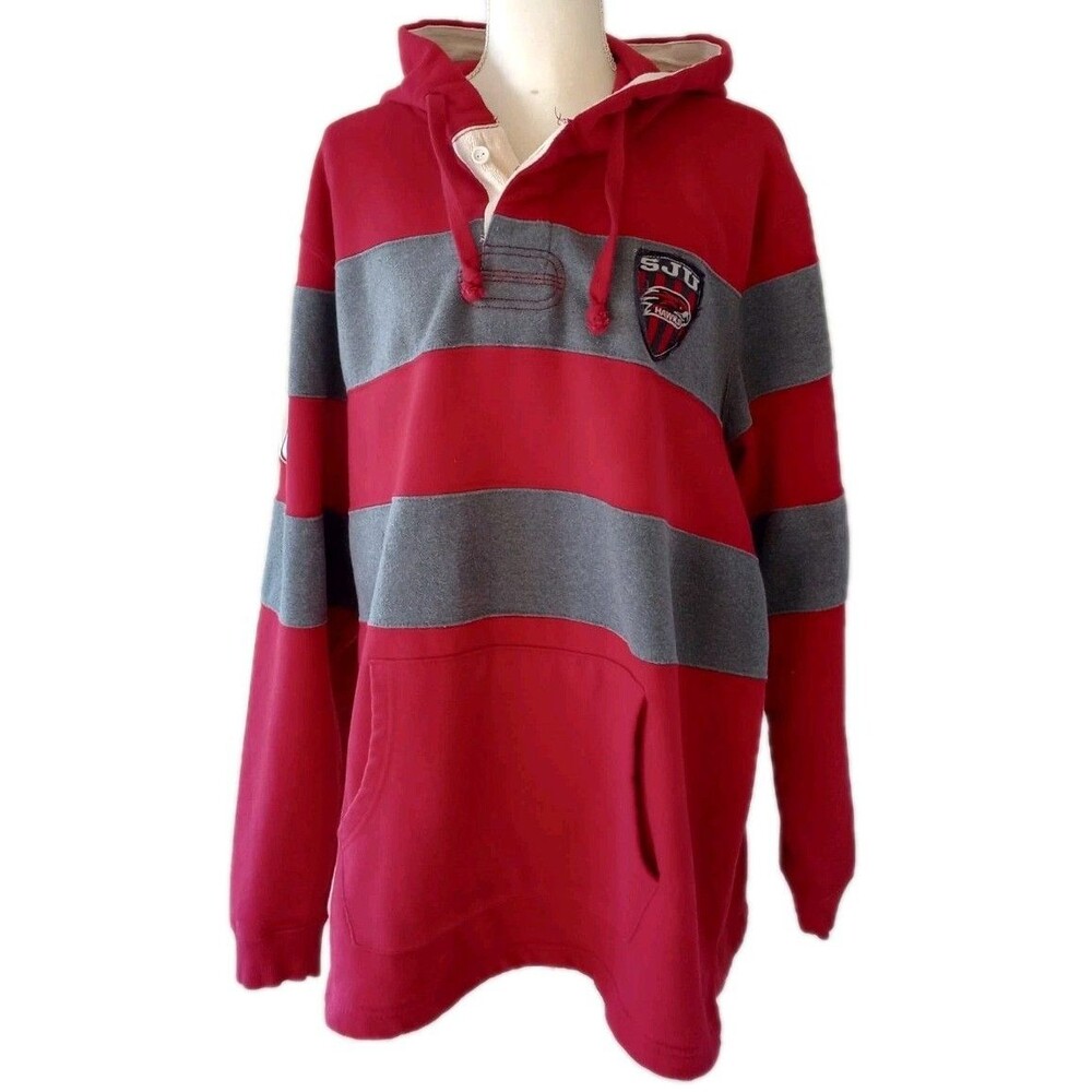 Rugby Stripe Hoodie Sweatshirt Mens XXL Red Gray St Josephs Hawks SJU Pullover